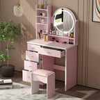 Coiffeuse de maquillage de 80 cm avec miroir LED, 3 couleurs d'éclairage, tabouret rembourré, 5 tiroirs