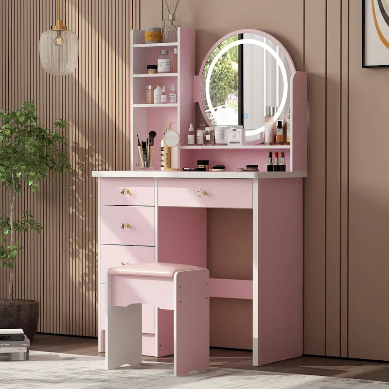 Coiffeuse de maquillage de 80 cm avec miroir LED, 3 couleurs d'éclairage, tabouret rembourré, 5 tiroirs