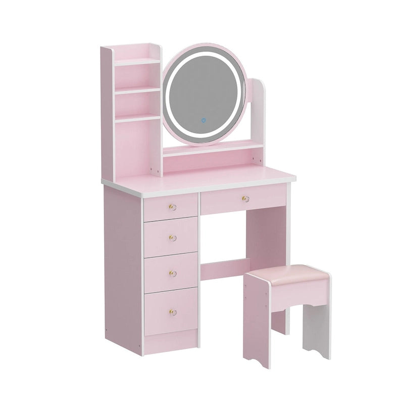 Coiffeuse de maquillage de 80 cm avec miroir LED, 3 couleurs d'éclairage, tabouret rembourré, 5 tiroirs