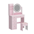 Coiffeuse de maquillage de 80 cm avec miroir LED, 3 couleurs d'éclairage, tabouret rembourré, 5 tiroirs