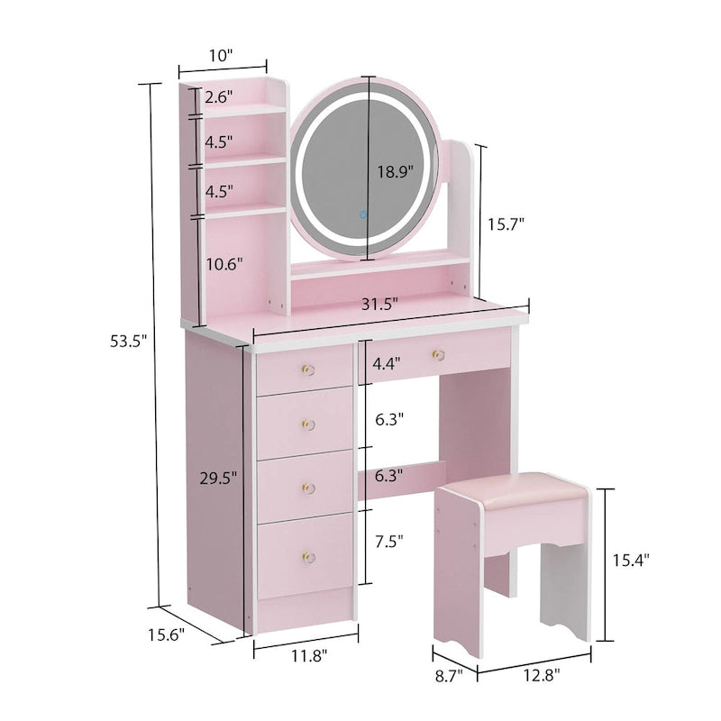 Coiffeuse de maquillage de 80 cm avec miroir LED, 3 couleurs d'éclairage, tabouret rembourré, 5 tiroirs