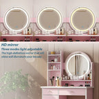 Coiffeuse de maquillage de 80 cm avec miroir LED, 3 couleurs d'éclairage, tabouret rembourré, 5 tiroirs