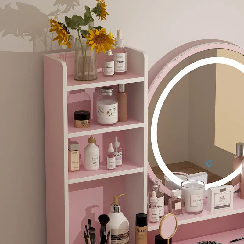 Coiffeuse de maquillage de 80 cm avec miroir LED, 3 couleurs d'éclairage, tabouret rembourré, 5 tiroirs