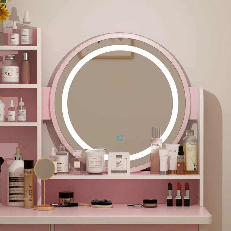 Coiffeuse de maquillage de 80 cm avec miroir LED, 3 couleurs d'éclairage, tabouret rembourré, 5 tiroirs