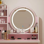 Coiffeuse de maquillage de 80 cm avec miroir LED, 3 couleurs d'éclairage, tabouret rembourré, 5 tiroirs