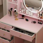Coiffeuse de maquillage de 80 cm avec miroir LED, 3 couleurs d'éclairage, tabouret rembourré, 5 tiroirs