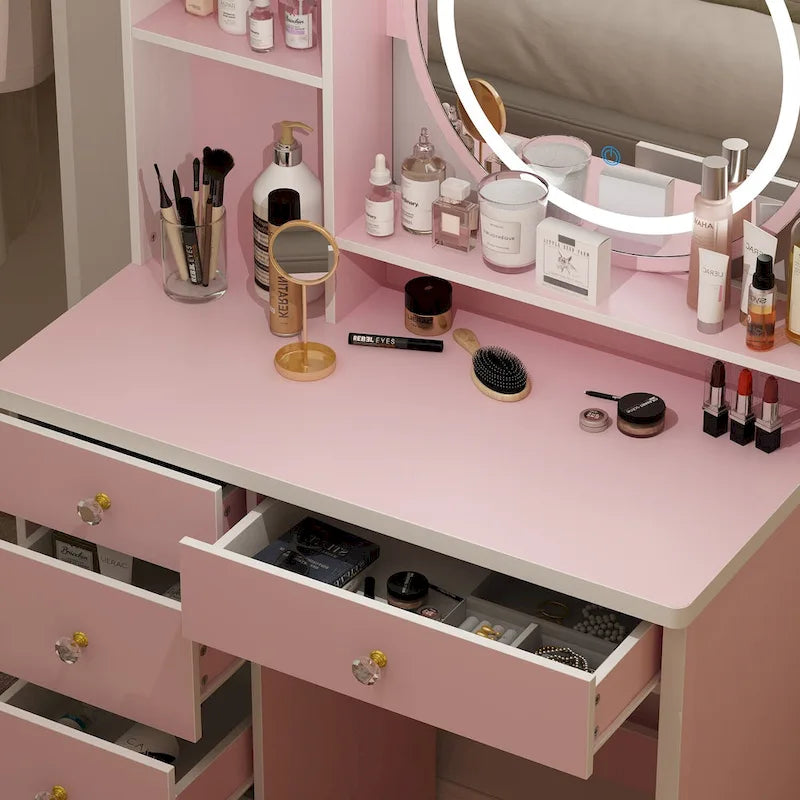 Coiffeuse de maquillage de 80 cm avec miroir LED, 3 couleurs d'éclairage, tabouret rembourré, 5 tiroirs