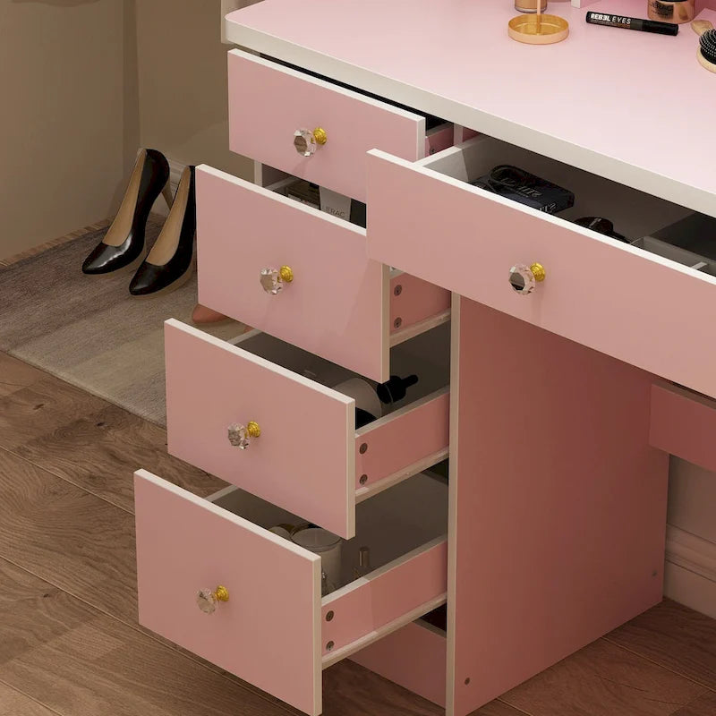 Coiffeuse de maquillage de 80 cm avec miroir LED, 3 couleurs d'éclairage, tabouret rembourré, 5 tiroirs