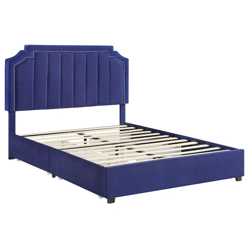Lit de rangement plateforme Art Déco rembourré avec 4 tiroirs, grand lit (Queen Size)