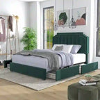 Lit de rangement plateforme Art Déco rembourré avec 4 tiroirs, grand lit (Queen Size)