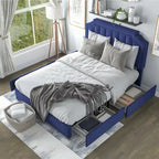 Lit de rangement plateforme Art Déco rembourré avec 4 tiroirs, grand lit (Queen Size)