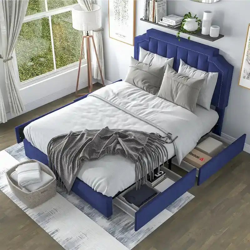 Lit de rangement plateforme Art Déco rembourré avec 4 tiroirs, grand lit (Queen Size)
