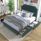 Lit de rangement plateforme Art Déco rembourré avec 4 tiroirs, grand lit (Queen Size)