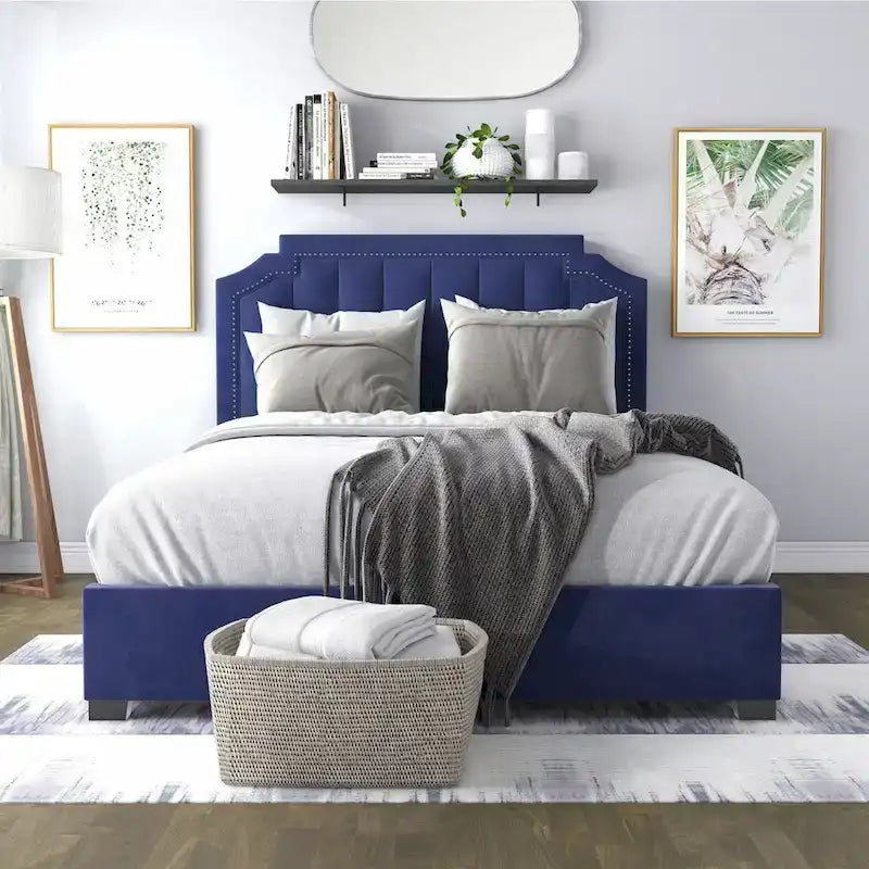 Lit de rangement plateforme Art Déco rembourré avec 4 tiroirs, grand lit (Queen Size)