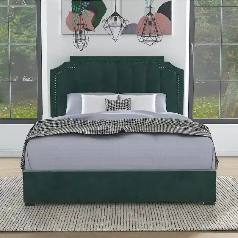 Lit de rangement plateforme Art Déco rembourré avec 4 tiroirs, grand lit (Queen Size)