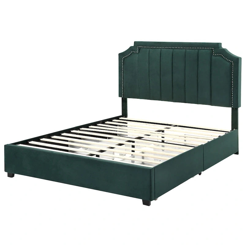 Lit de rangement plateforme Art Déco rembourré avec 4 tiroirs, grand lit (Queen Size)