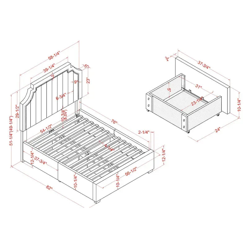 Lit de rangement plateforme Art Déco rembourré avec 4 tiroirs, grand lit (Queen Size)