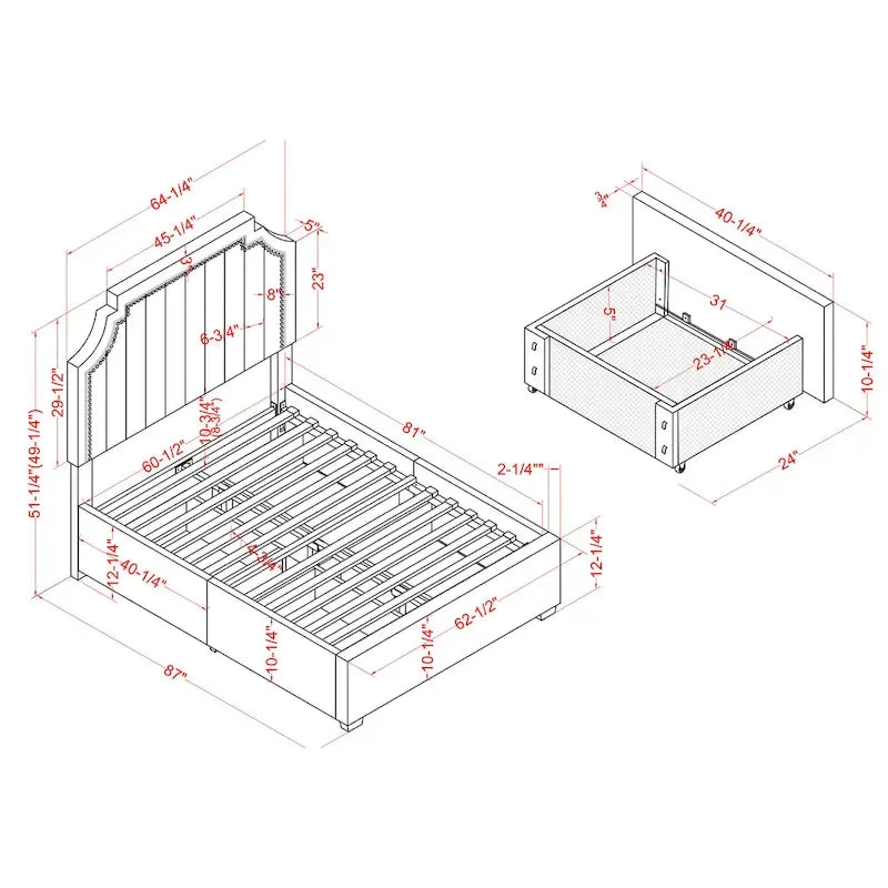 Lit de rangement plateforme Art Déco rembourré avec 4 tiroirs, grand lit (Queen Size)