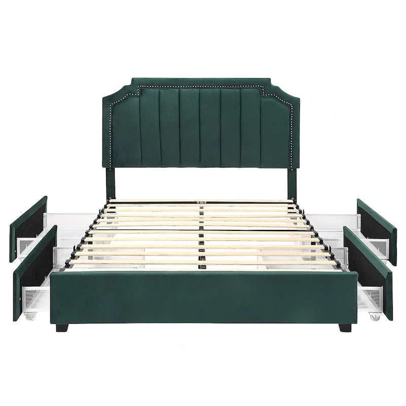 Lit de rangement plateforme Art Déco rembourré avec 4 tiroirs, grand lit (Queen Size)
