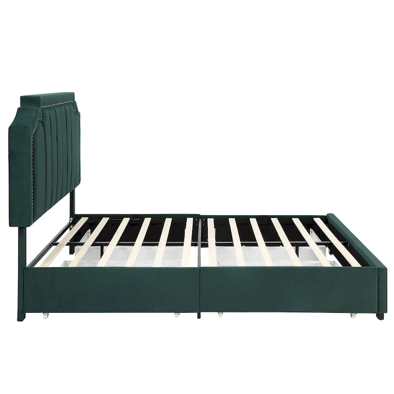 Lit de rangement plateforme Art Déco rembourré avec 4 tiroirs, grand lit (Queen Size)