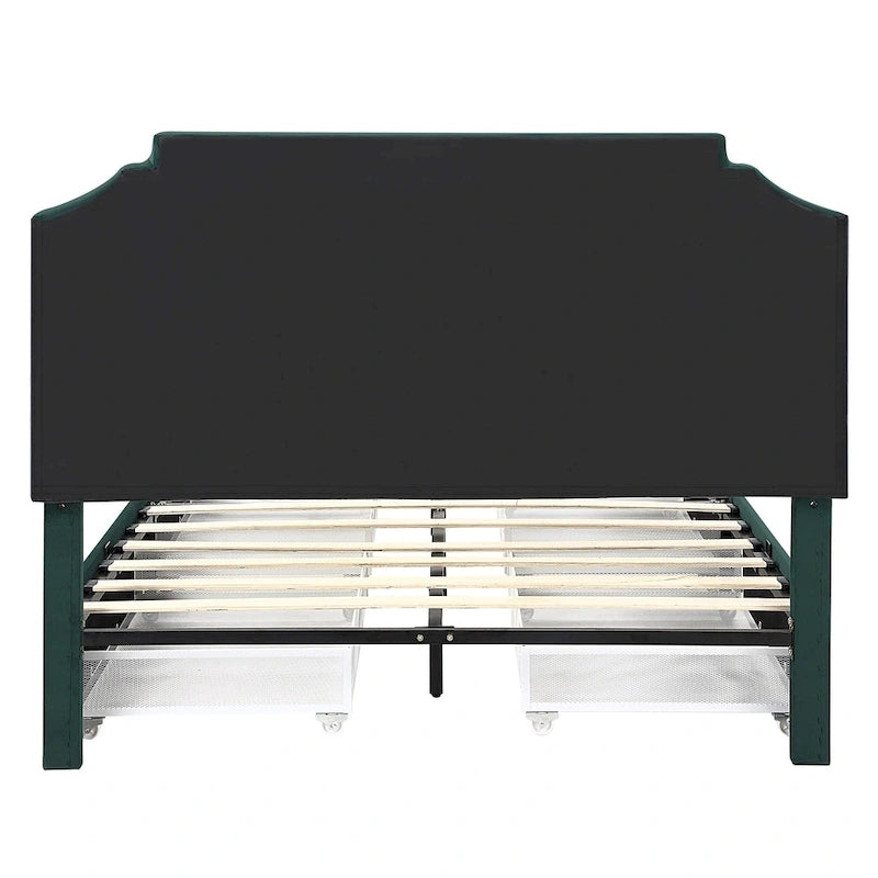 Lit de rangement plateforme Art Déco rembourré avec 4 tiroirs, grand lit (Queen Size)