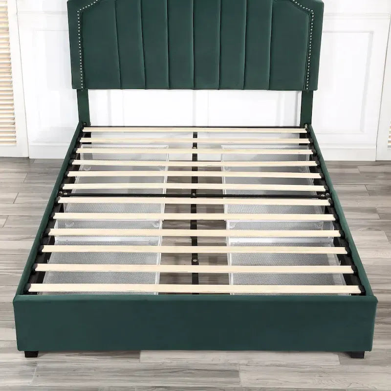 Lit de rangement plateforme Art Déco rembourré avec 4 tiroirs, grand lit (Queen Size)