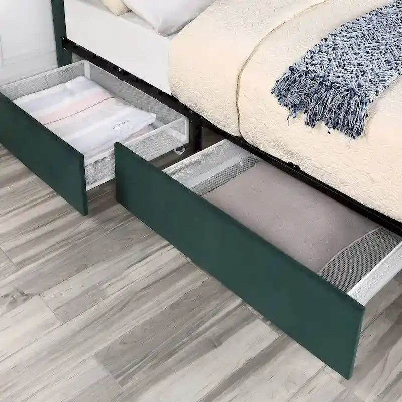 Lit de rangement plateforme Art Déco rembourré avec 4 tiroirs, grand lit (Queen Size)