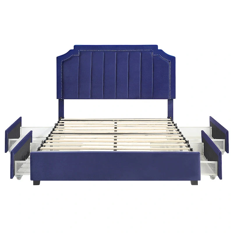 Lit de rangement plateforme Art Déco rembourré avec 4 tiroirs, grand lit (Queen Size)