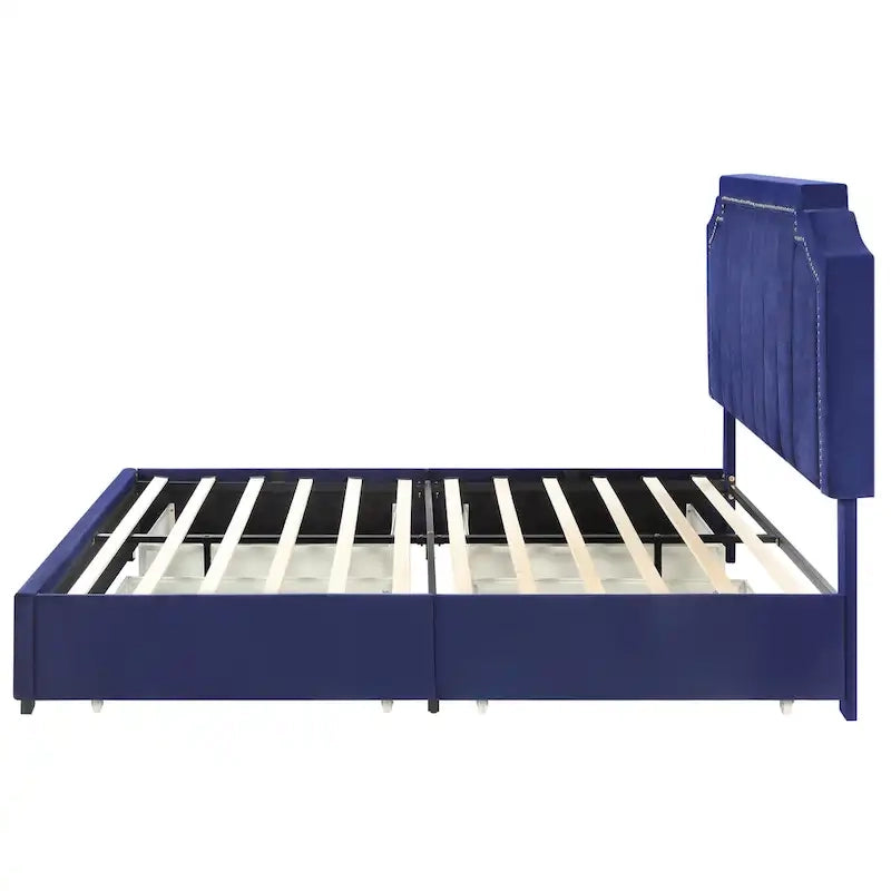 Lit de rangement plateforme Art Déco rembourré avec 4 tiroirs, grand lit (Queen Size)