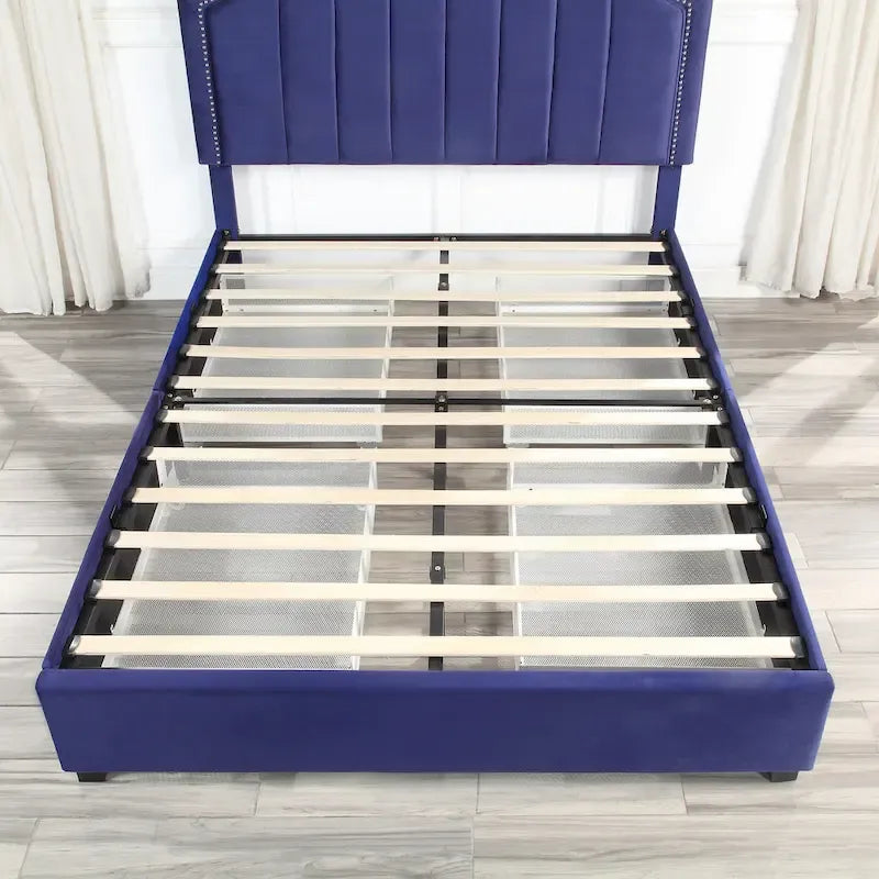 Lit de rangement plateforme Art Déco rembourré avec 4 tiroirs, grand lit (Queen Size)