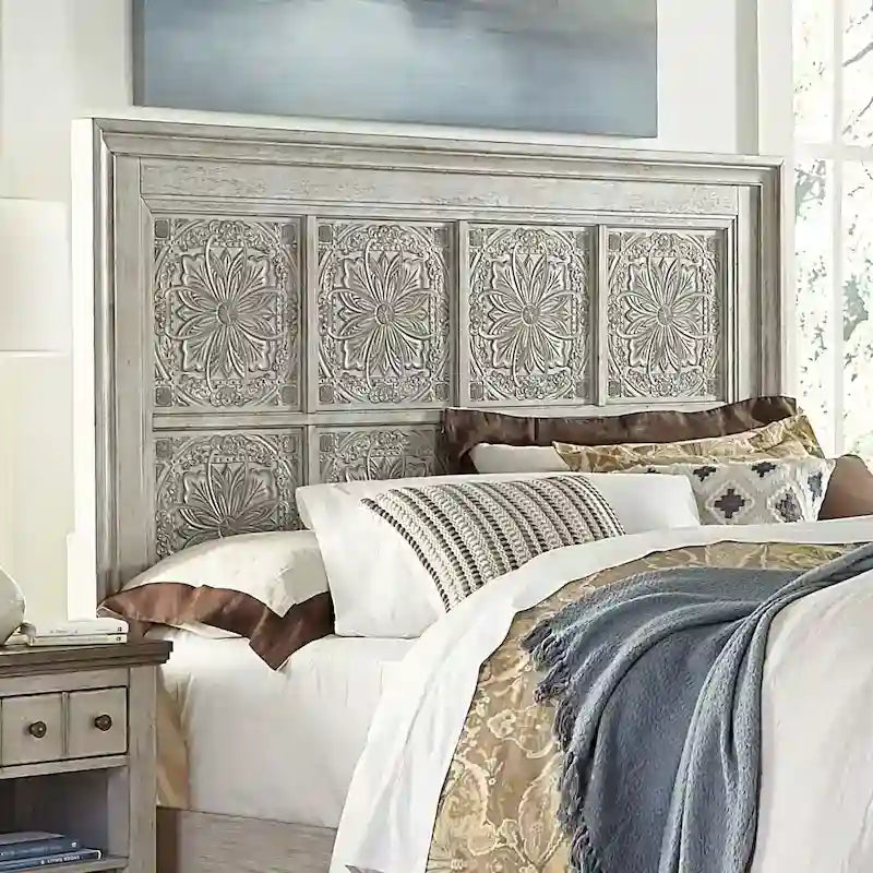 Tête de lit décorative Queen | Blanc antique et tabac | Bois d'hévéa et chêne | 64x68