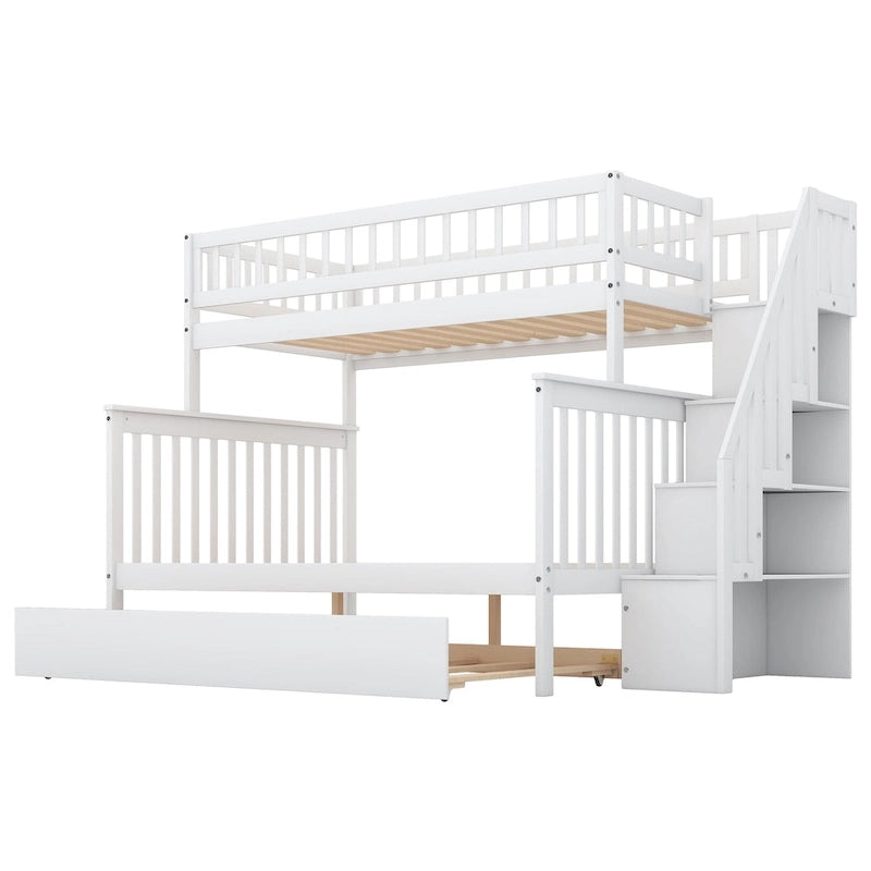 Lit superposé jumeau sur grand avec lit gigogne et escalier, gris