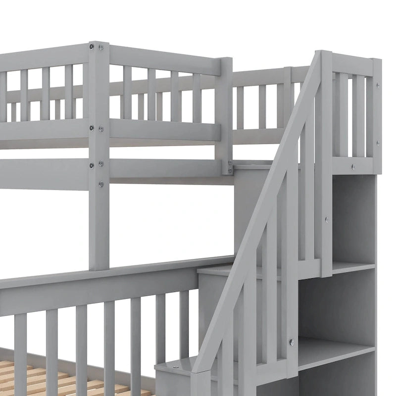 Lit superposé jumeau sur grand avec lit gigogne et escalier, gris
