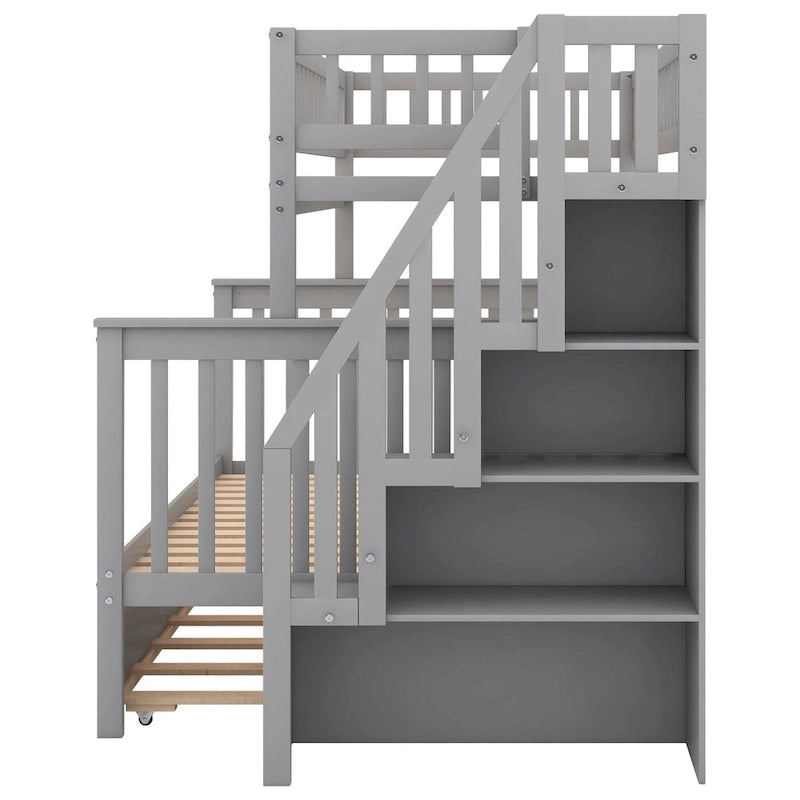 Lit superposé jumeau sur grand avec lit gigogne et escalier, gris