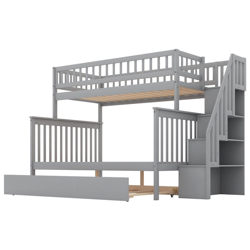 Lit superposé jumeau sur grand avec lit gigogne et escalier, gris