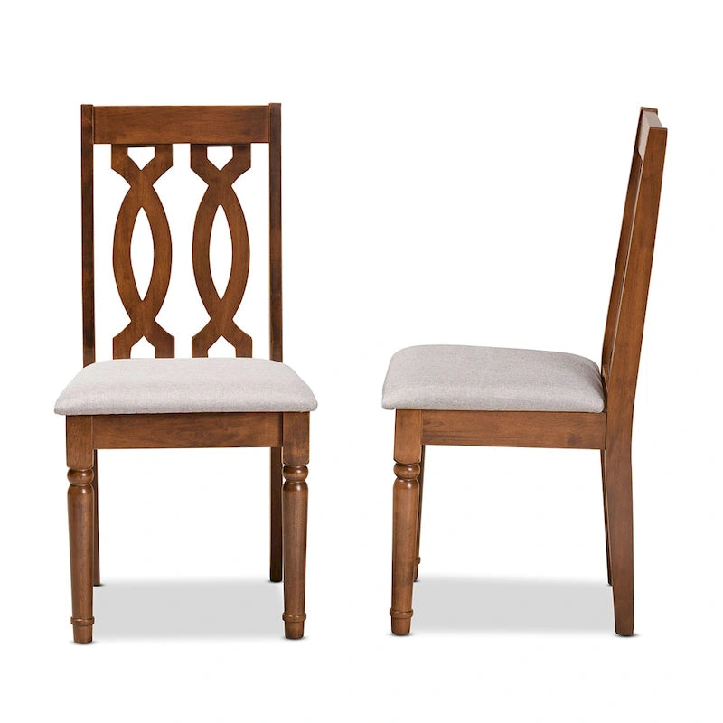 Lot de 2 chaises de salle à manger modernes, bois d'hévéa massif, finition noyer, tissu polyester