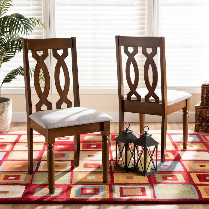 Lot de 2 chaises de salle à manger modernes, bois d'hévéa massif, finition noyer, tissu polyester