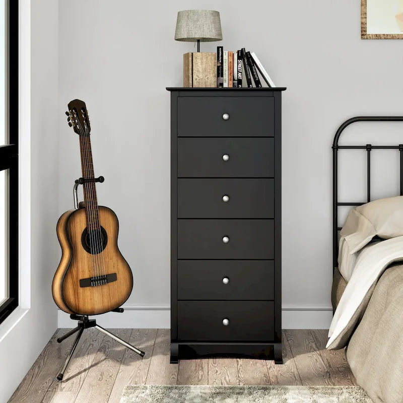 Commode haute à 6 tiroirs, Stratifié noir, Poignées en nickel brossé, 134 cm H