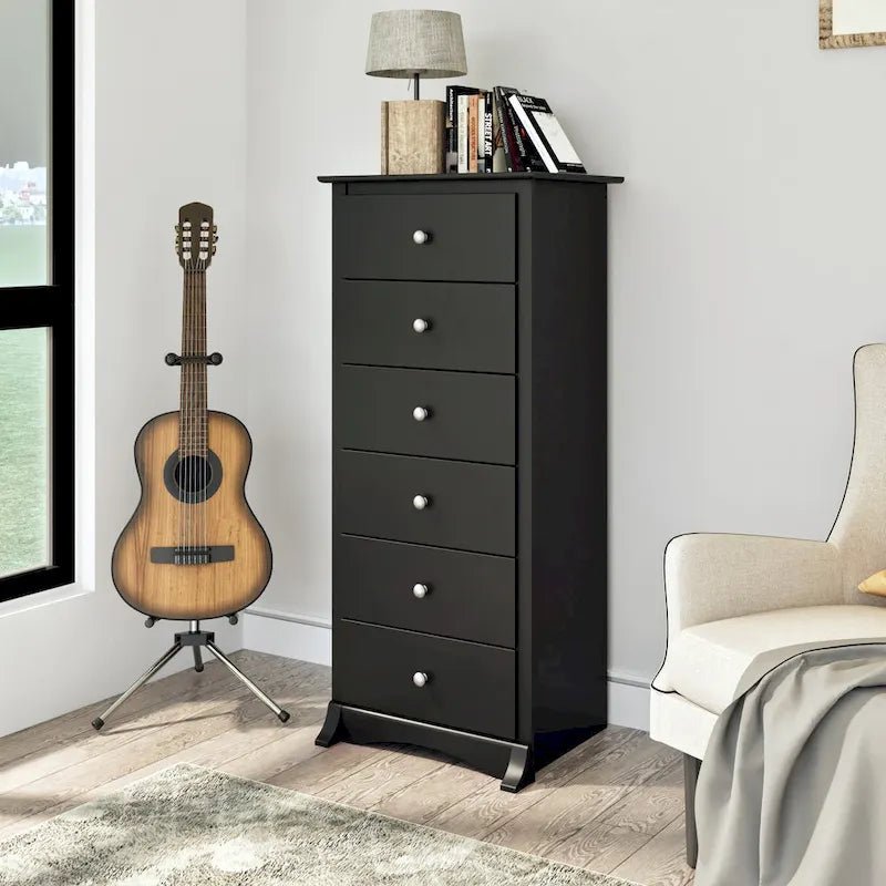 Commode haute à 6 tiroirs, Stratifié noir, Poignées en nickel brossé, 134 cm H