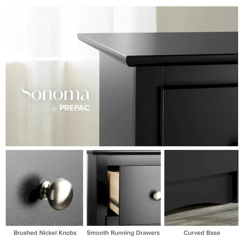 Commode haute à 6 tiroirs, Stratifié noir, Poignées en nickel brossé, 134 cm H