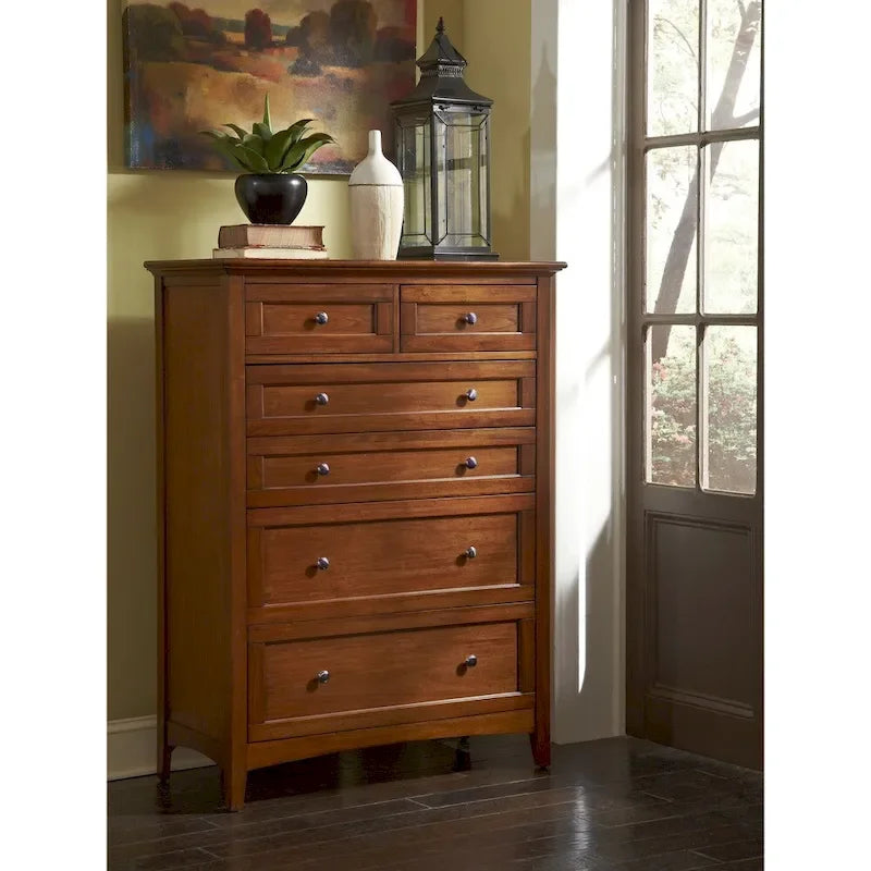 Ensemble chambre Queen 7 pièces, Acajou massif, fini Cerisier, Lit + Commode + Armoire