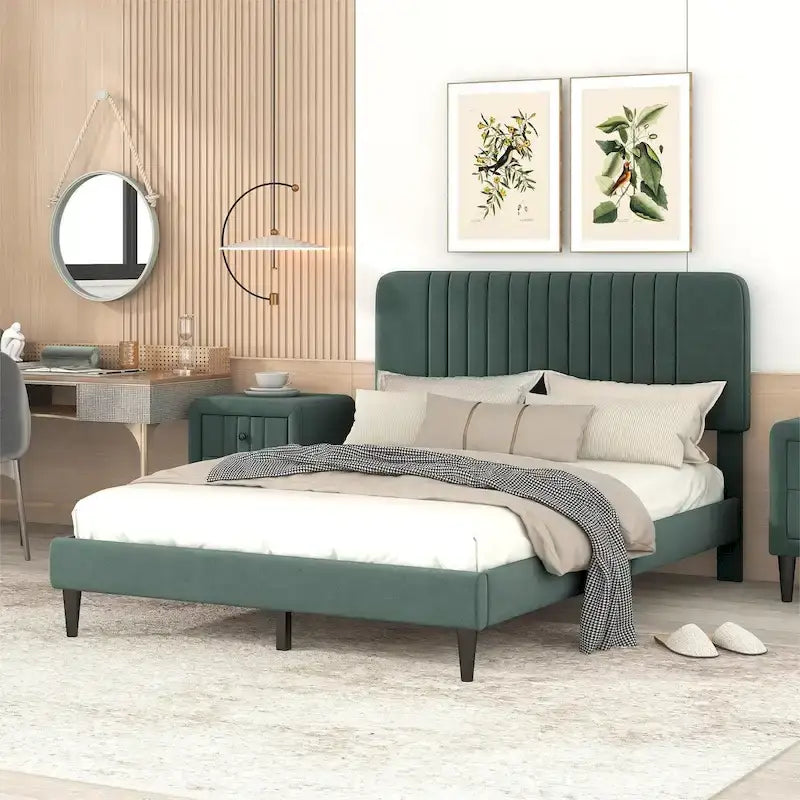 Lit plateforme tapissé Queen Size, pas besoin de sommier tapissier, tissu velours
