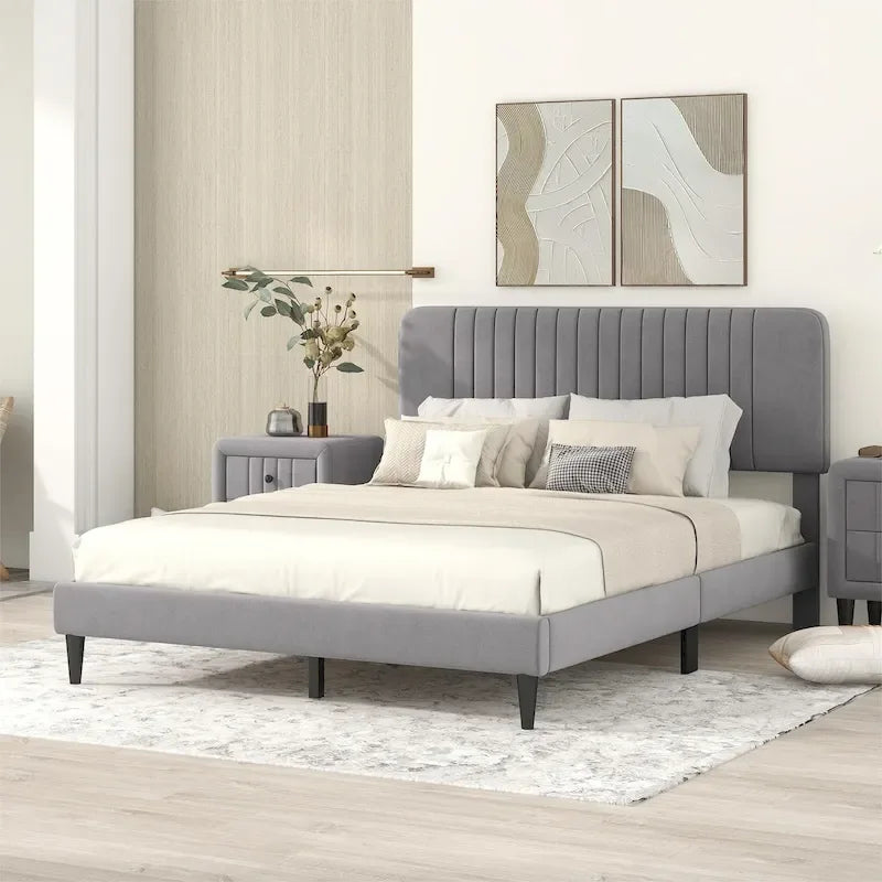 Lit plateforme tapissé Queen Size, pas besoin de sommier tapissier, tissu velours