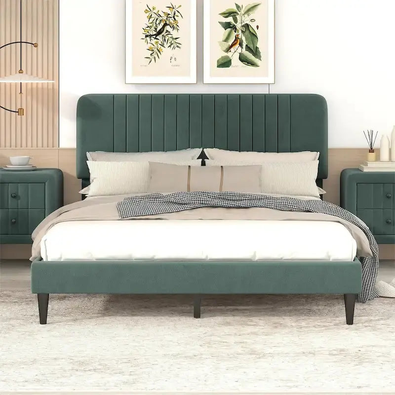 Lit plateforme tapissé Queen Size, pas besoin de sommier tapissier, tissu velours