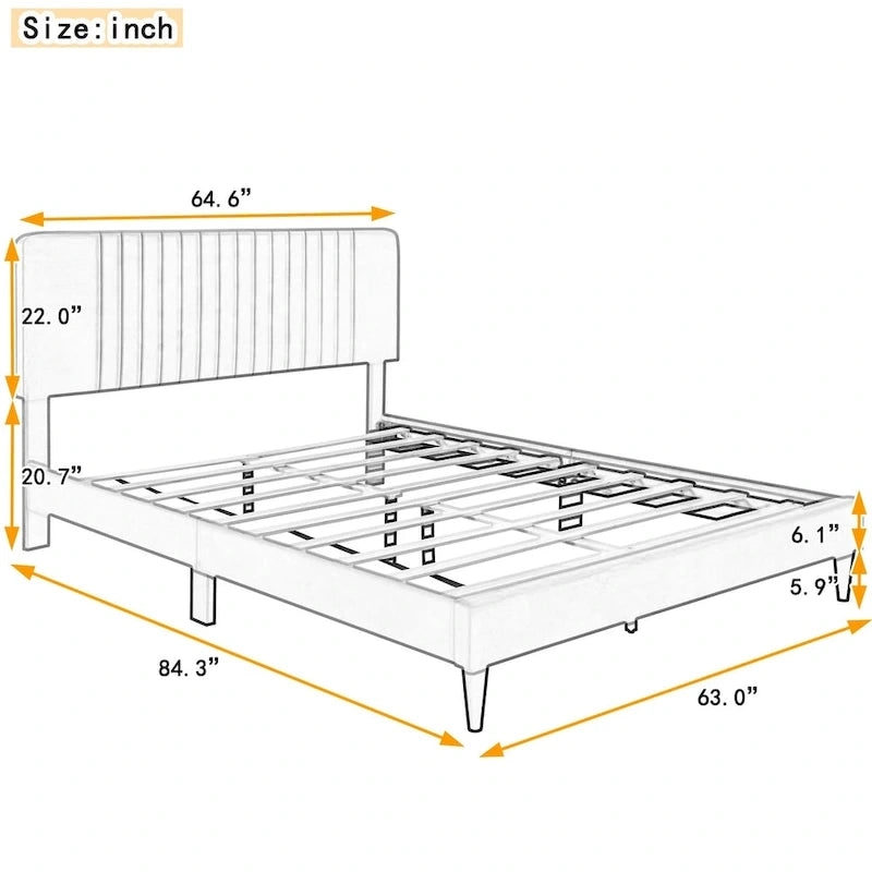 Lit plateforme tapissé Queen Size, pas besoin de sommier tapissier, tissu velours