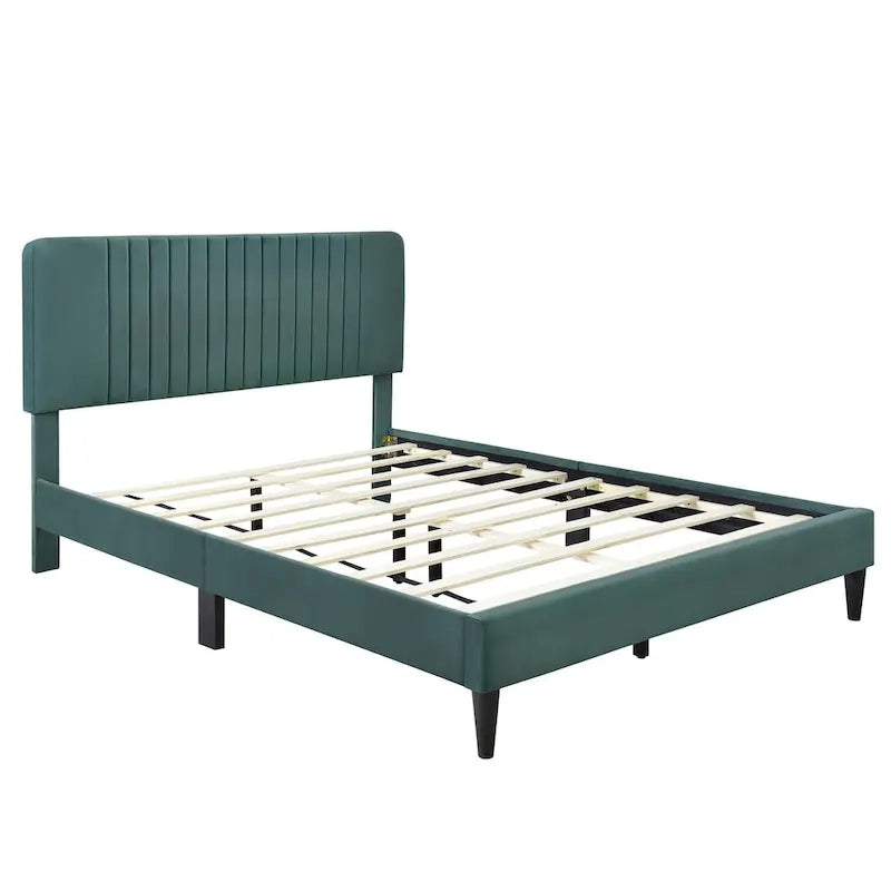Lit plateforme tapissé Queen Size, pas besoin de sommier tapissier, tissu velours