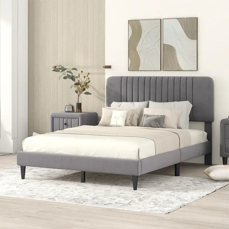 Lit plateforme tapissé Queen Size, pas besoin de sommier tapissier, tissu velours