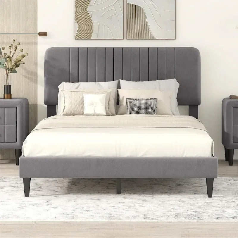 Lit plateforme tapissé Queen Size, pas besoin de sommier tapissier, tissu velours