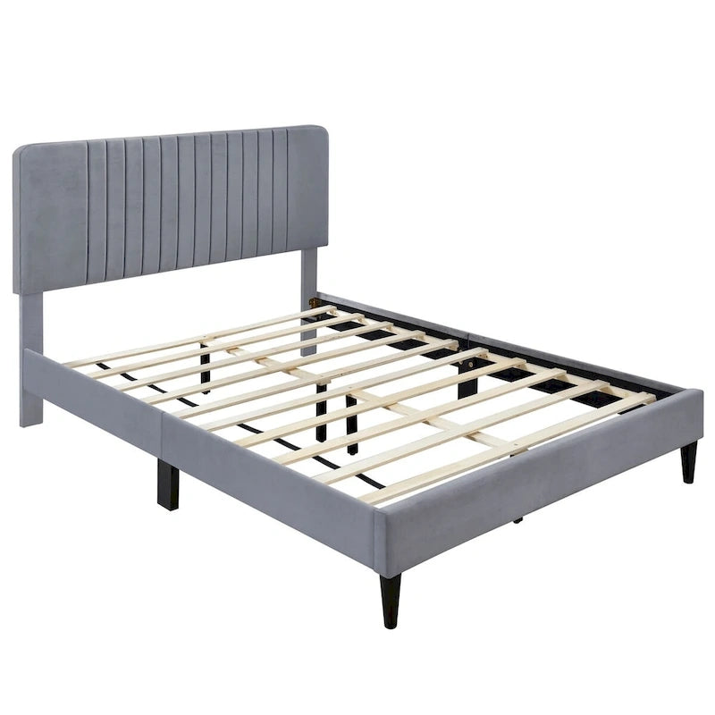 Lit plateforme tapissé Queen Size, pas besoin de sommier tapissier, tissu velours
