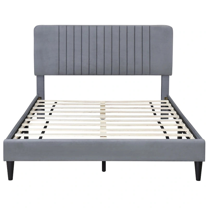 Lit plateforme tapissé Queen Size, pas besoin de sommier tapissier, tissu velours